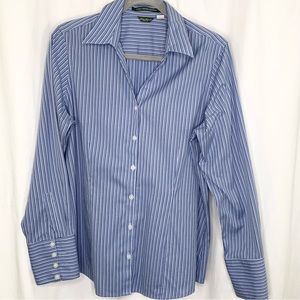 EDDIE BAUER Womens Blue Pinstriped Button Up Blouse Size L Excellent Condition!